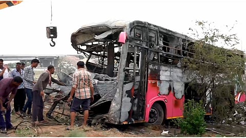 Bus catches fire after ramming truck in Dausa