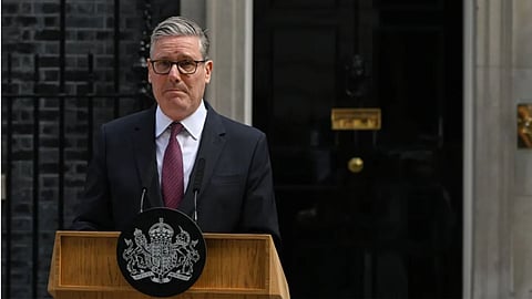 Britain’s Prime Minister Keir Starmer speaks to the media outside 10 Downing Street to announce his resignation in London.