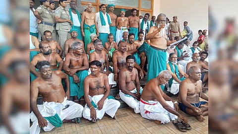 Farmers staging a shirtless protest in Thanjavur on July 3