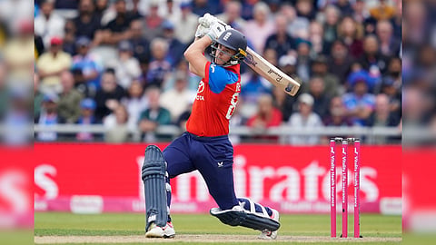 England's Jacob Bethell hits a six during the second T20 cricket match between England and India in Manchester, England