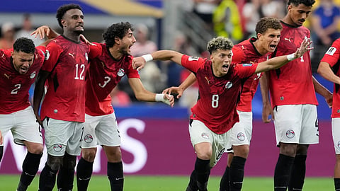 Egypt players react during a penalty shootout against Australia for the World Cup round of 32 soccer match in Arlington