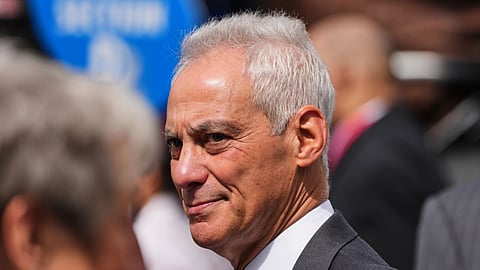 Former White House Chief of Staff Rahm Emanuel mingles ahead of the Obama Presidential Center dedication ceremony