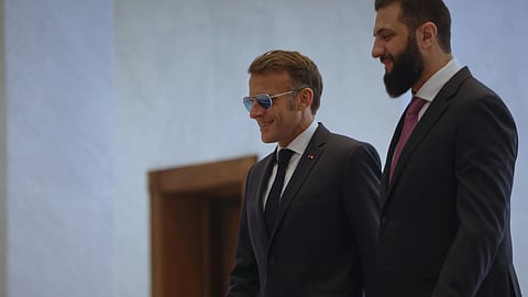 Syrian President Ahmad al-Sharaa meets French President Emmanuel Macron at the Presidential palace in Damascus, Syria