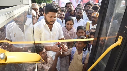 Minister J Mohamad Parvez inaugurates the new bus service for rural school students in Pudukkottai on Monday