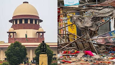 (L) Supreme Court, (R) Footwear and other belongings of people lie on a road in the aftermath of stampede during a rally