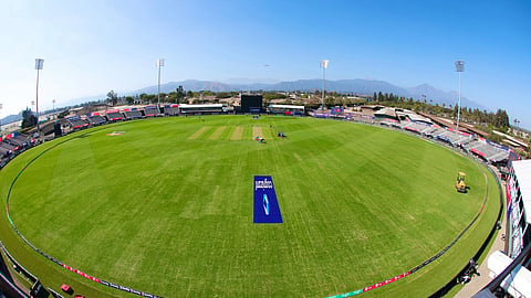 This image taken with a fisheye lens and provided by the LA Knights shows a general view of the stadium during match 16 of the Cognizant Major League Cricket season 4 between LA Knight Riders and the Washington Freedom held in Pomona, Calif.