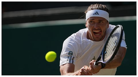 Alexander Zverev of Germany returns the ball to Taylor Fritz of the United States in their quarter-final men's singles match at the Wimbledon Tennis Championships in London, Wednesday, July 8, 2026.