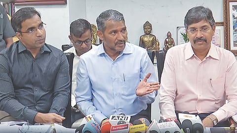 VCK leader and Social Justice Minister Vanni Arasu addressing the media at the Secretariat on Wednesday
