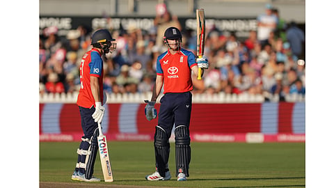 England's Harry Brook celebrates reaching 50 runs during the fourth Vitality IT20 match against India at the Seat Unique Stadium in Bristol, England, on Thursday July 9, 2026