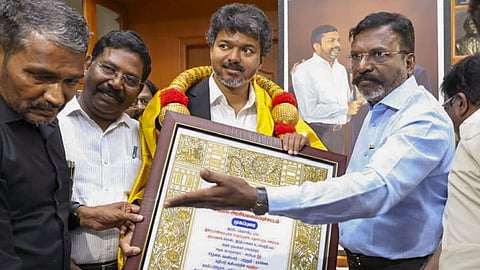 Tamil Nadu Chief Minister C Joseph Vijay during a meeting with VCK president Thol. Thirumavalavan at the latter's residence, in Chennai.