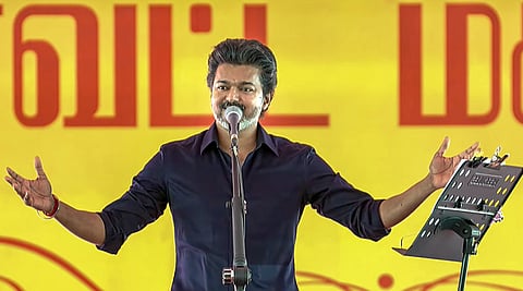Tamil Nadu Chief Minister Vijay during the People's Meeting Program as part of his first official visit to Karur after he took up the reins as Chief Minister, in Karur, Tamil Nadu