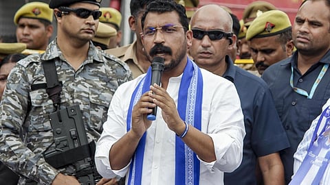 Azad Samaj Party supremo and MP Chandrashekhar Ravan addresses a gathering during his meeting with the family of Lalita Gautam, who went missing from Meerut's TP Nagar on May 15th and was found dead in Rohta on May 17th, allegedly murdered, in Meerut, Uttar Pradesh, Friday, July 10, 2026.
