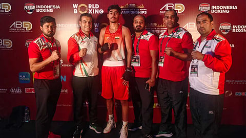 Mausam (U-19) celebrates his QF win with coaches at Asian U-19 & U-23 Boxing Chamipionship 2026