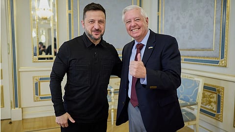 In this photo provided by the Ukrainian Presidential Press Office, Ukrainian President Volodymyr Zelenskyy, left, and U.S. Sen. Lindsey Graham, R-S.C. in Kyiv, Ukraine.