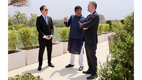 Union Commerce and Industry Minister Piyush Goyal, centre, meets US Trade Representative Jamieson Greer and US Ambassador to India Sergio Gor, in New Delhi