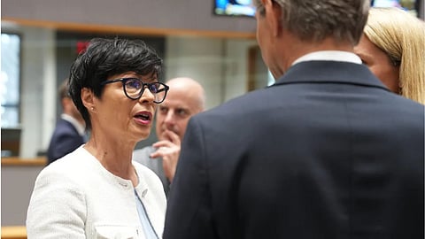 European Commissioner for Enlargement Marta Kos, left, speaks with Lithuania’s Foreign Minister Kestutis Budrys, center, and European Union foreign policy chief Kaja Kallas, right, during a round table meeting of EU foreign ministers in Brussels.