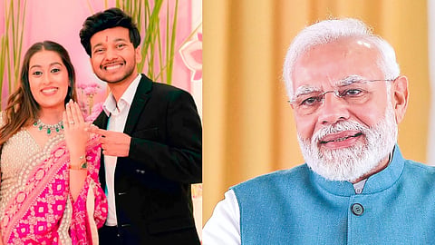 (L) Ketan Agarwal and Siya Goya, (R) PM Narendra Modi