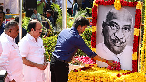 Chief Minister Joseph Vijay pays floral tributes to Bharat Ratna K Kamaraj on the occasion of his 124th birth anniversary, on Wednesday