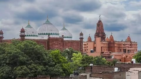 A view of Sri Krishna temple and Shahi Idgah mosque, in Mathura