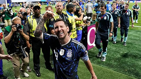 Argentina's Lionel Messi (10) reacts as he leaves the ground after their win in the World Cup semifinal soccer match between England and Argentina in Atlanta.