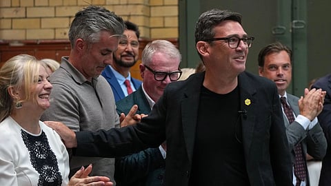 Labour Party’s Andy Burnham meets party members before he delivers a speech at the People’s History Museum in Manchester, England.