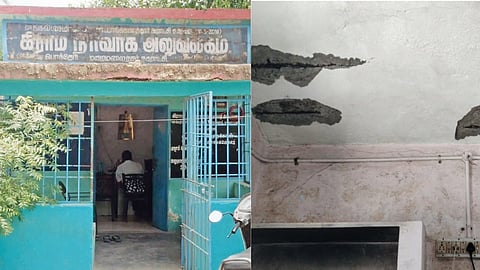Potheri VAO office in Maraimalai Nagar Municipality in a precarious condition, (R) broken portion of the ceiling.