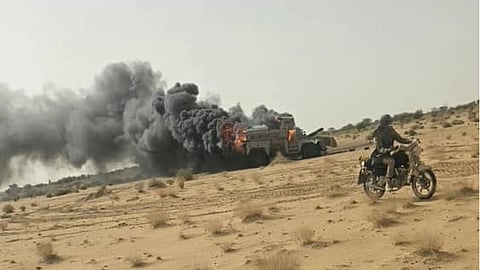 This photo released the Azaward Liberation Front (FLA) shows what they say is the aftermath of an attack by FLA separatist and jihadist militants in Gao, northern Mali.