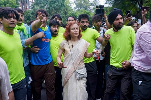 Gitanjali J Angmo, wife of educator and climate activist Sonam Wangchuk, arrives at Jantar Mantar ahead of Cockroach Janata Party�s (CJP) protest march, in New Delhi, Monday, July 20, 2026. Delhi Police is on high alert ahead of the Monsoon Session of Parliament and CJP's proposed "Chalo Sansad" march on Monday, with heavy deployment of personnel visible at every nook and corner around Jantar Mantar, Parliament and other key locations