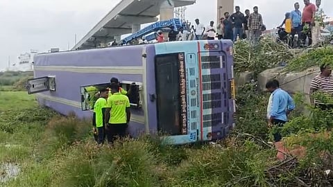 MTC bus lies overturned in a roadside ditch near Sholinganallur on July 20.