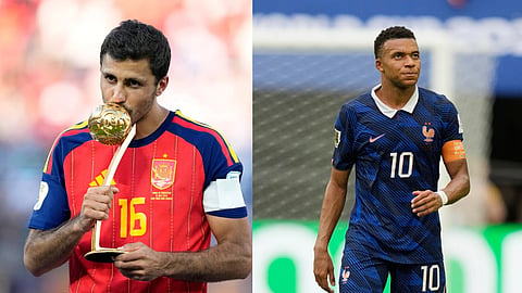 Spain Mid-fielder Rodri and France stricker Kylian Mbappe