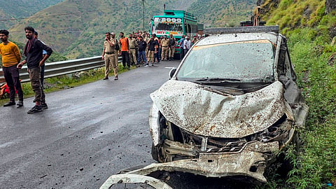 Rescue operation underway after falling boulders struck a passenger bus and vehicle, killing three persons and leaving six others injured, near Raggi Nallah on NH 244, in Doda, Jammu and Kashmir, Monday, July 20, 2026