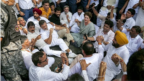 Leader of Opposition in the Lok Sabha Rahul Gandhi with Congress MPs Priyanka Gandhi Vadra, KC Venugopal and others stage a sit-in protest near the Prime Minister's residence over alleged irregularities in the NEET examination, in New Delhi