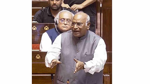Leader of Opposition in the Rajya Sabha Mallikarjun Kharge speaks in the House during the Monsoon session of Parliament, in New Delhi, Wednesday, July 22, 2026
