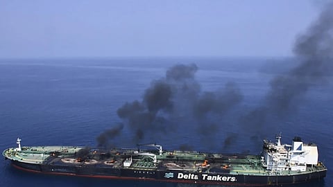 The Greek-flagged oil tanker Sounion burning in the Red Sea following a series of attacks by Yemen's Houthi rebels