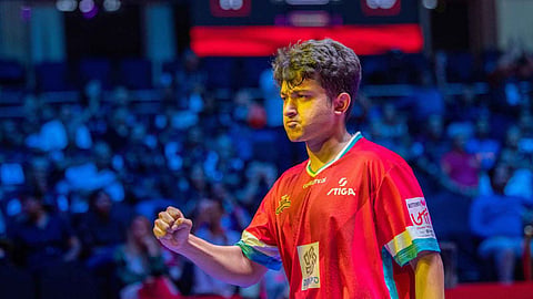 PB Abhinandh of Goa celebrating his 3-0 victory against Eduard Ionescu of Delhi