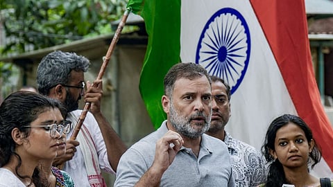 LoP in Lok Sabha and Congress MP Rahul Gandhi with All India Students' Association (AISA) national president Neha Bora and other students during a press conference amid the ongoing protest over the NEET paper leak issue, in New Delhi, Saturday, July 25, 2026