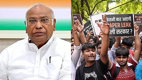 (L) Mallikarjun Kharge, (R) Cockroach Janta Party's protest at Jantar Mantar demanding Pradhan's resignation over alleged examination-related lapses