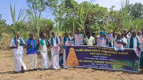 Farmers stage protest at sugarcane farm in Papanasam on Saturday