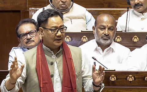 Union Parliamentary Affairs Minister Kiren Rijiju speaks in the Rajya Sabha during the Monsoon session of Parliament, in New Delhi