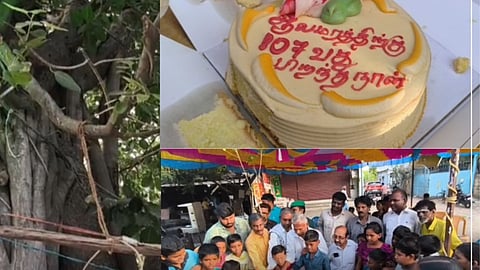 Environmental activists and local students celebrating the 107th birthday of a surviving banyan tree in Madurai.