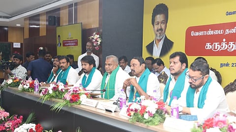 Agriculture Minister R Vinoth with Cabinet colleagues at the consultation with farmers in Chennai on Monday