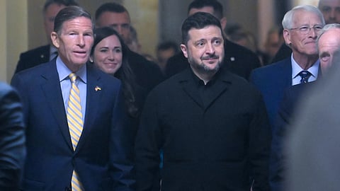 Ukraine President Volodymyr Zelenskyy, is joined by from left: Sen. Richard Blumenthal, D-Conn., Sen. Katie Boyd Britt, R-Ala., Sen. Roger Wicker, R-Miss., and Sen. James Risch, R-Idaho, as he arrives at the US Capitol for a meeting of bipartisan leaders of the Lindsey O Graham Sanctioning Russia and Iran Act of 2026