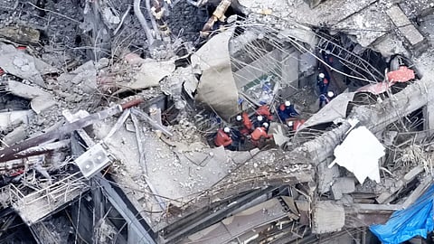 This aerial image shows rescue operation at the Nippon Paper Industries Co.'s Yatsushiro factory, following an earthquake in Yatsushiro, Kumamoto Prefecture