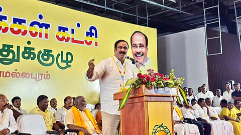 PMK president Anbumani Ramadoss at the party's general council meeting in Mahabalipuram.