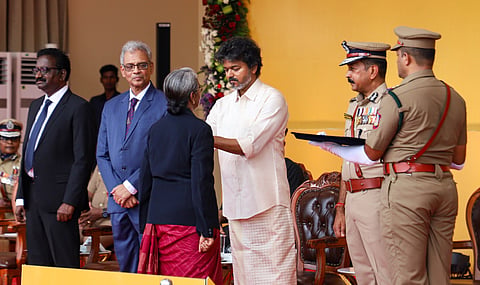 CM Vijay presented the President's Police Medals, Union Home Minister's Medals, and Tamil Nadu Chief Minister's Medals to distinguished police personnel during the Police Medal Presentation Ceremony held at Rajarathinam Stadium in Egmore
