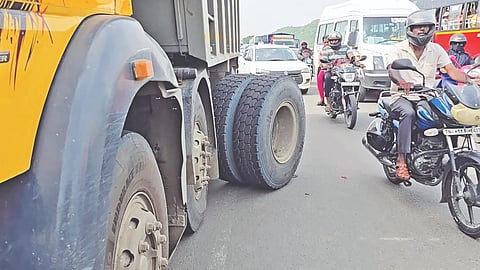 Goods truck stalled on Irumbuliyur flyover on Thursday