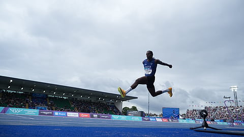 India's Praveen Chithravel competes in the men's triple jump final at the Commonwealth Games in Glasgow, Scotland, Saturday