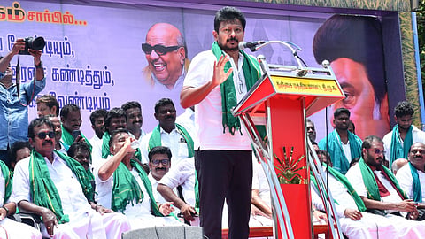 Leader of Opposition Udhayanidhi Stalin addressing DMK's Cauvery protest in Thanjavur on Monday.