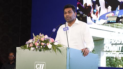 Minister Aadhav Arjuna addressing the Tamil Nadu Infrastructure Summit 2026 organised by the Confederation of Indian Industry in Chennai.
