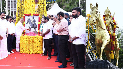 State ministers pay floral tributes to legendary freedom fighter Dheeran Chinnamalai at Guindy on Monday (August 3).